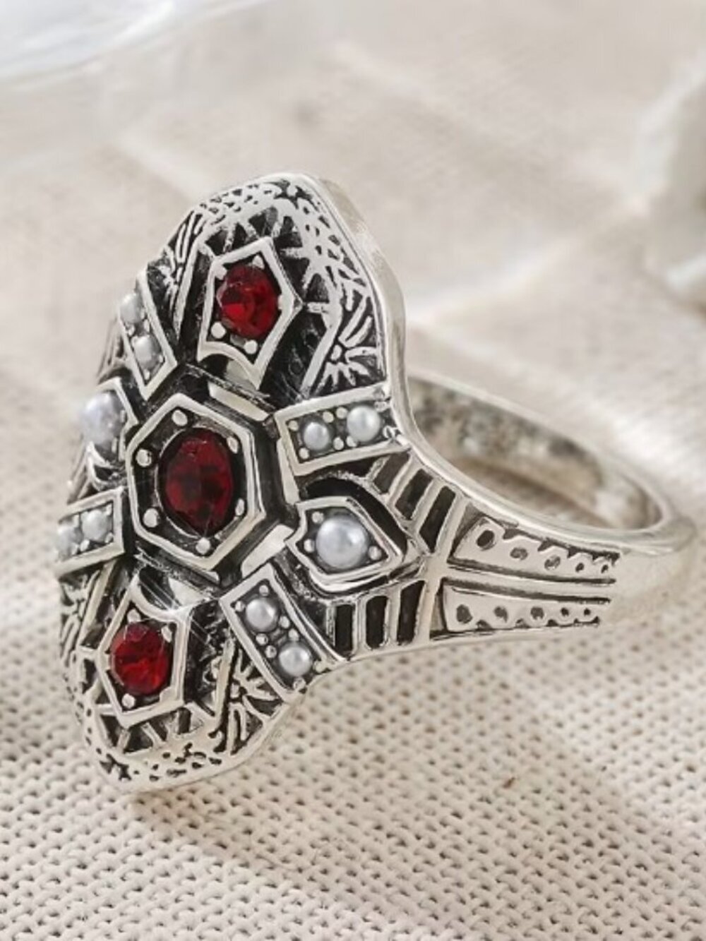Synthetic Ruby Red Gemstone Ring in a Floral Design New Palace Style Size 10